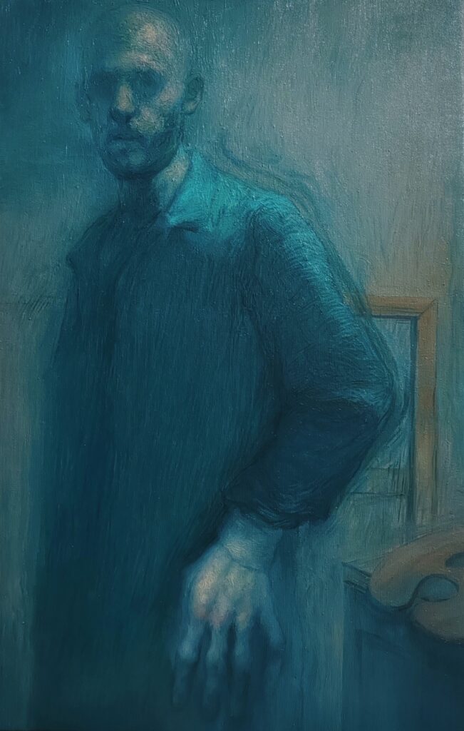 autoportrait with palette 55×35cm 2022 tuval üzerine yağlıboya