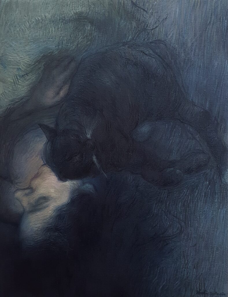 kedili uyku 57×44cm 2021 tuval üzerine yağlıboya